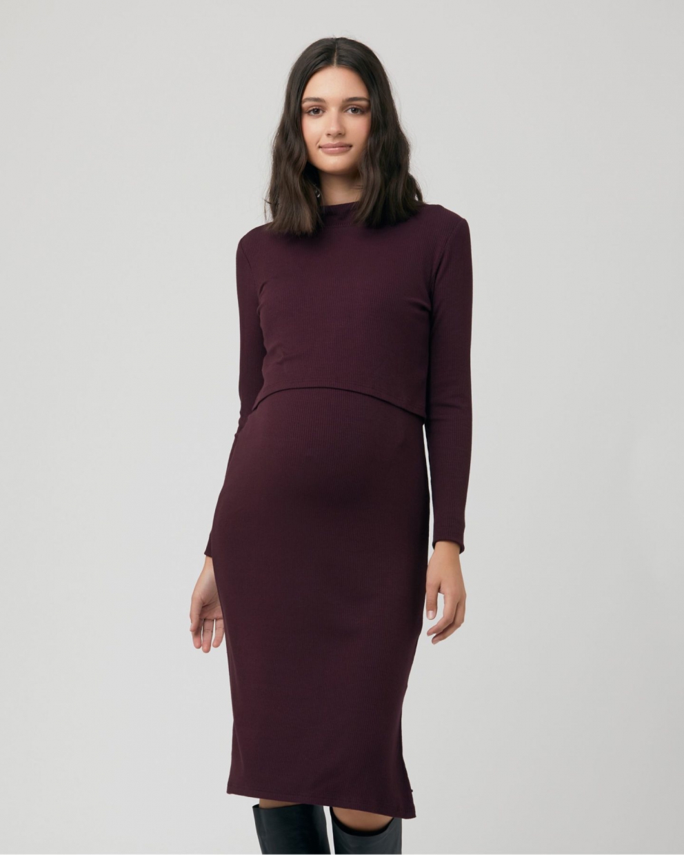 thumbnail interactive-video image 1 of Charcoal Mesh Velvet Strapless Ruched Maternity Midi Dress- PinkBlush 1 of 14
