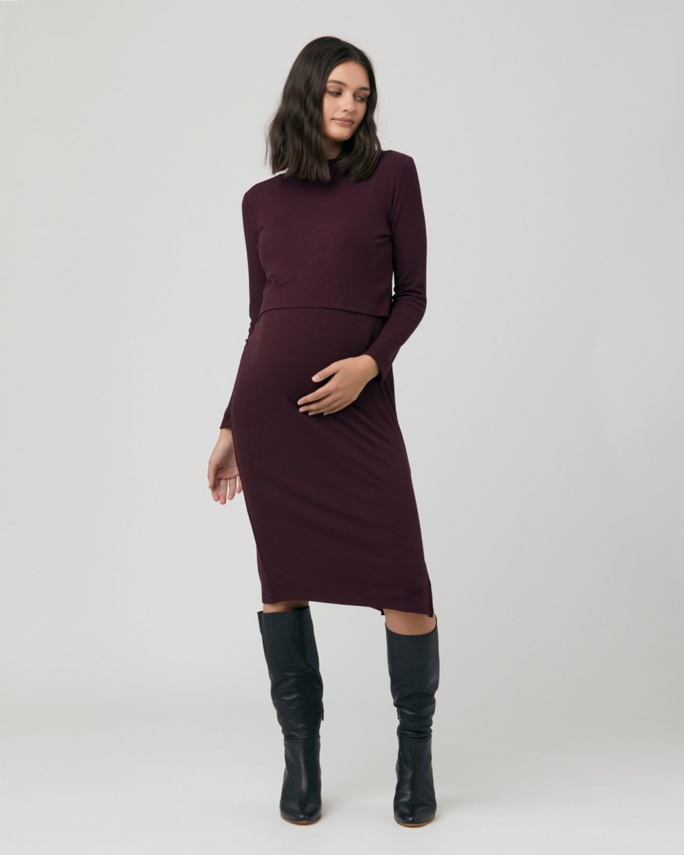thumbnail image 2 of Charcoal Mesh Velvet Strapless Ruched Maternity Midi Dress- PinkBlush 2 of 14