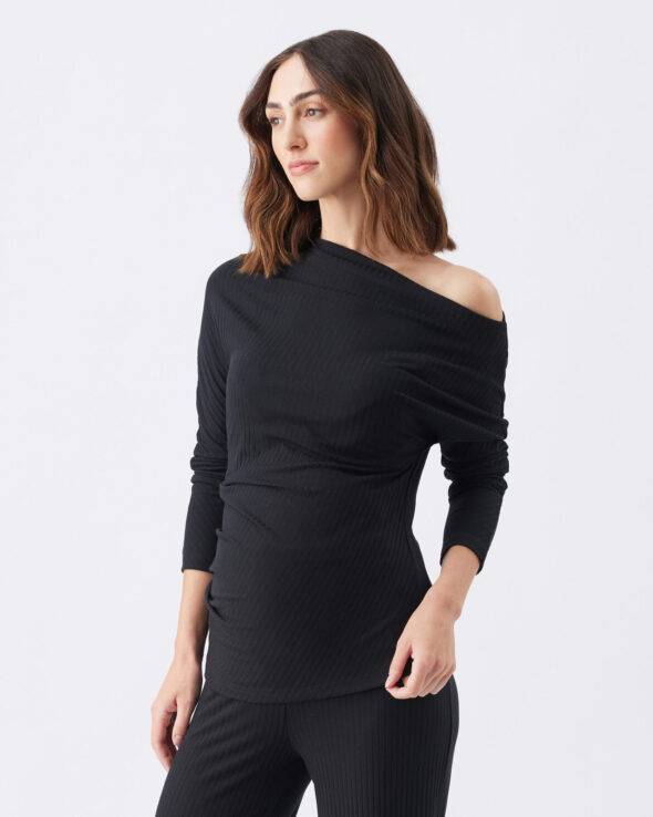 Off-Shoulder Rib Top - Black - Image 2