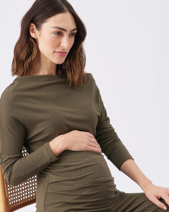 Off-Shoulder Rib Top - Khaki