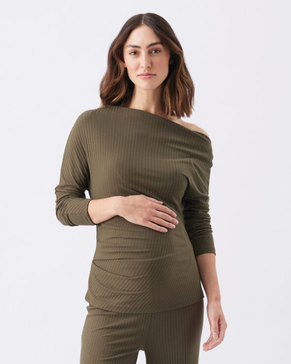 Off-Shoulder Rib Top - Khaki - Image 3