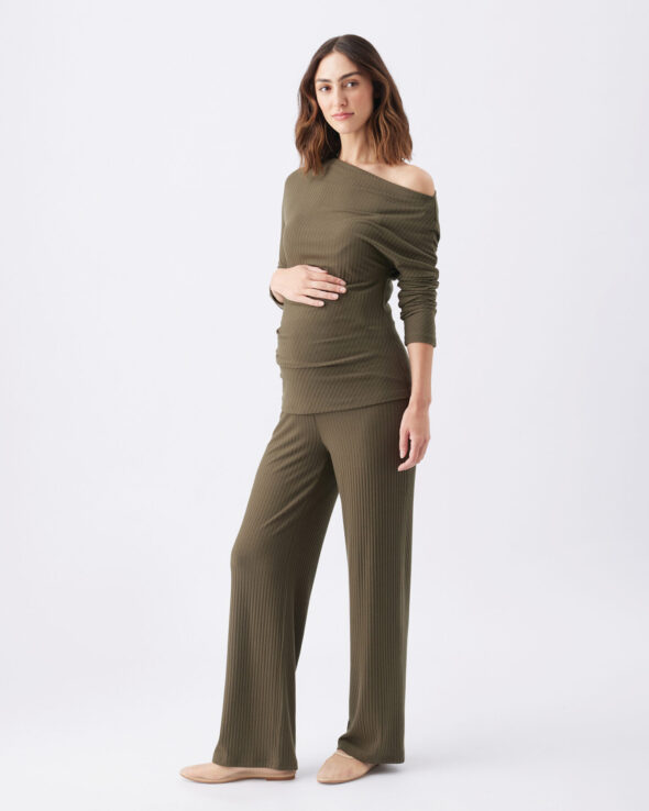 Off-Shoulder Rib Top - Khaki - Image 2