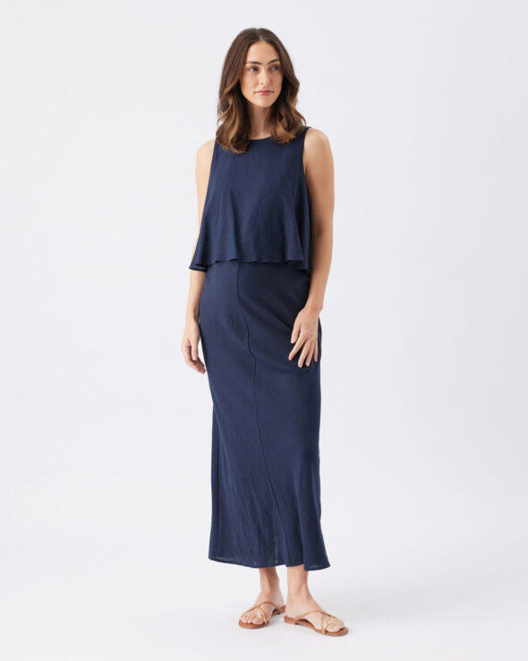 Lena Linen Maternity & Nursing Dress - Navy