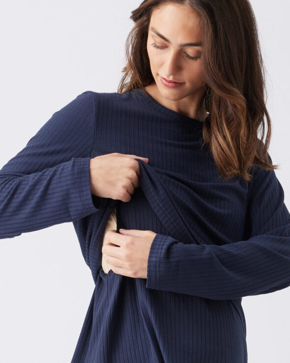 Mike Rib Maternity & Nursing Long Sleeve Top Navy - Image 2
