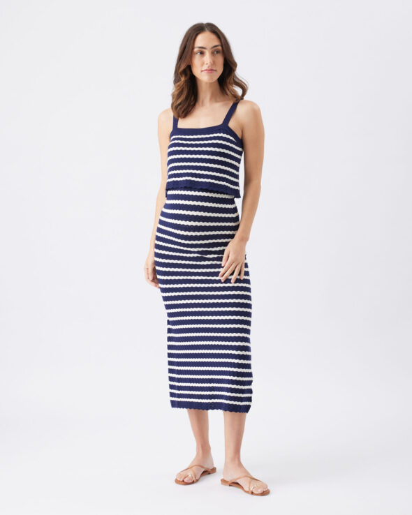 Pointelle Knit Maternity & Nursing Dress - Navy / White