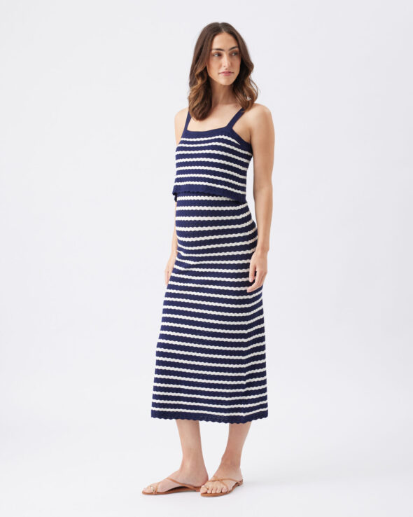 Pointelle Knit Maternity & Nursing Dress - Navy / White - Image 3