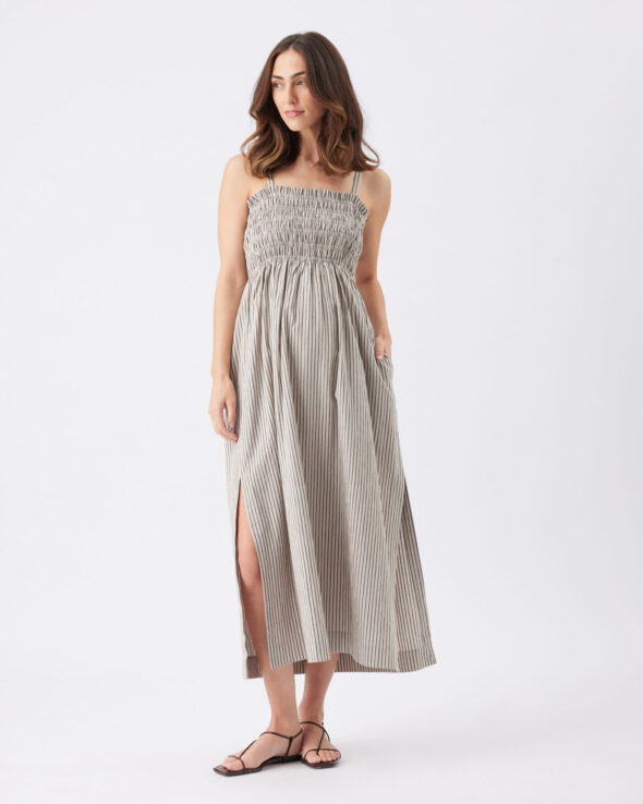 Leo Stripe Shirred Maternity Dress - Natural/Black - Image 2