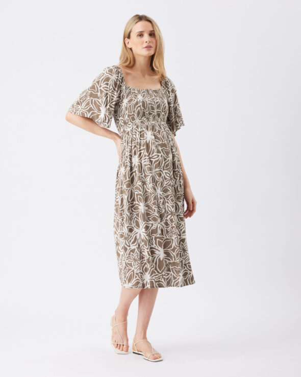 Alona Shirred Maternity Dress - Olive/White