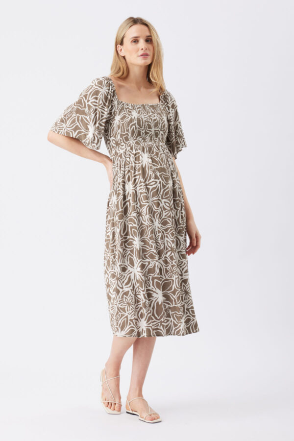 Alona Shirred Maternity Dress - Olive/White