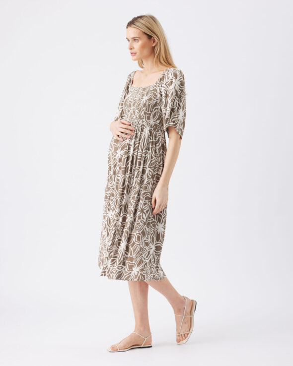 Alona Shirred Maternity Dress - Olive/White - Image 3