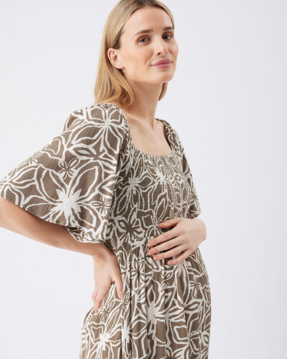 Alona Shirred Maternity Dress - Olive/White - Image 2
