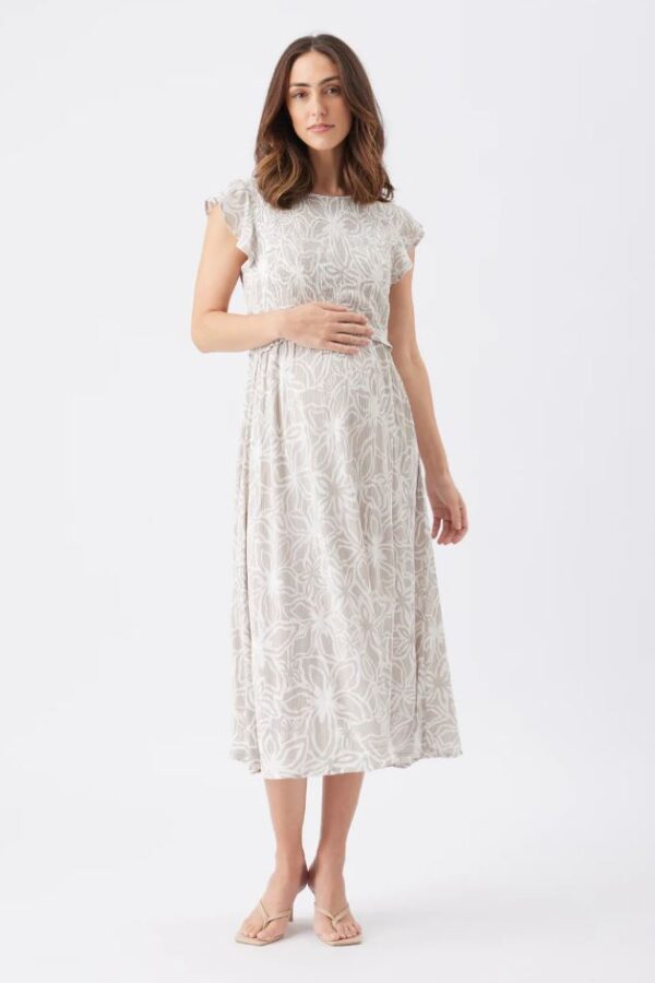 Alona Shirred Maternity & Nursing Dress - Sand/White - Size 10